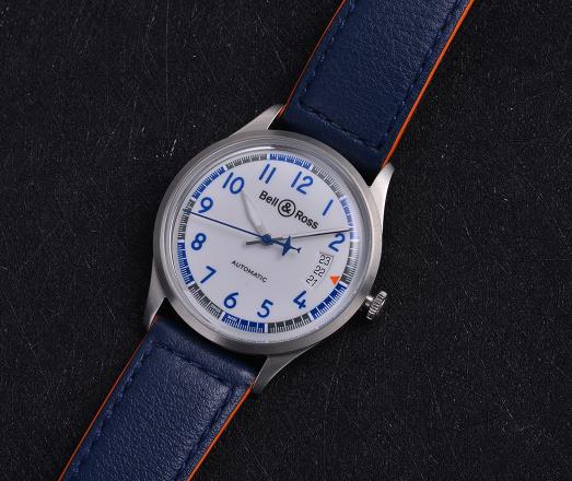 The stainless steel copy watch has blue strap.